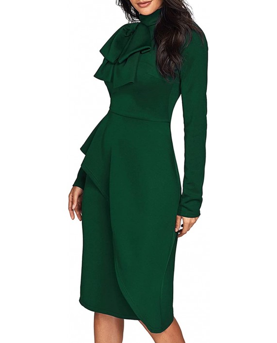 CILKOO Womens Tie Neck Peplum Waist Long Sleeve Bodycon Business DressS-XXL at Women’s Clothing store