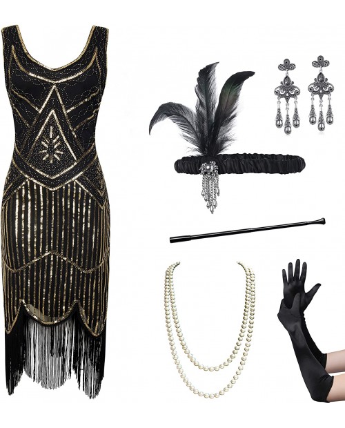 Coucoland Womens 1920s Flapper Sequin Beads Dress with Roaring 20s Gatsby Accessories Set for Party at Women’s Clothing store