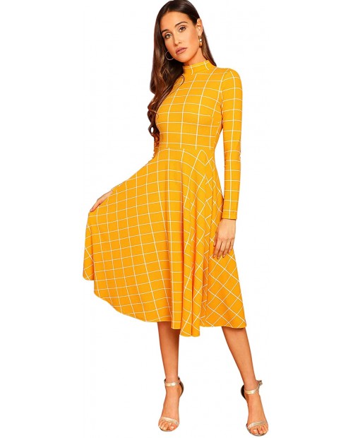 Floerns Women's High Neck Plaid Fit and Flare Midi Dress at Women’s Clothing store