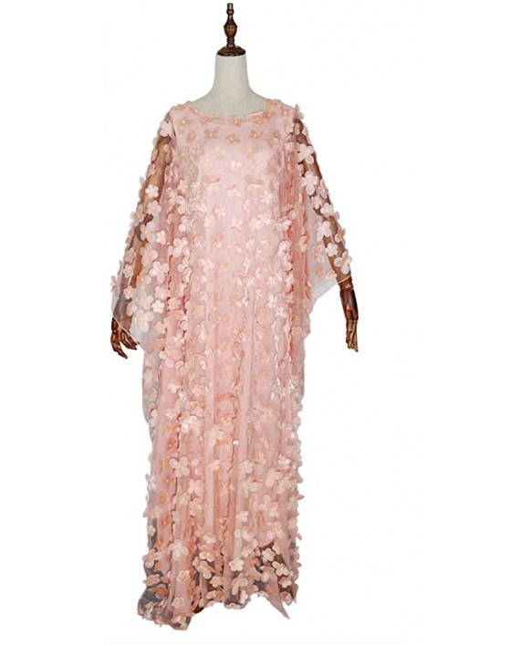 HD African Womens Applique Flower Dress Boat Neck Pink Kaftan Chiffon Gown One Size at Women’s Clothing store