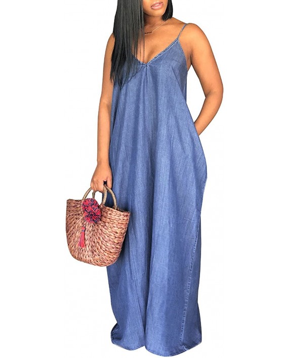 Ofenbuy Womens Denim Dresses Casual Spaghetti Strap Deep V Neck Summer Loose Maxi Dress at Women’s Clothing store