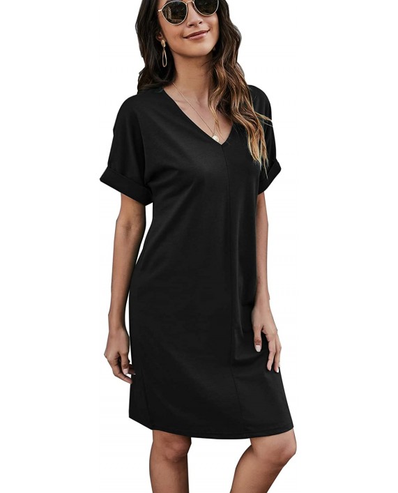 QUNNDY 2021 Women's Summer Casual Dress Tunic Short Sleeve V Neck Loose Short Dresses at Women’s Clothing store