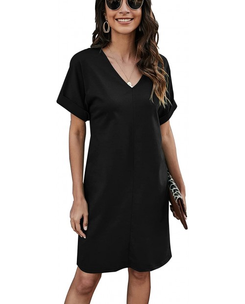 QUNNDY 2021 Women's Summer Casual Dress Tunic Short Sleeve V Neck Loose Short Dresses at  Women’s Clothing store