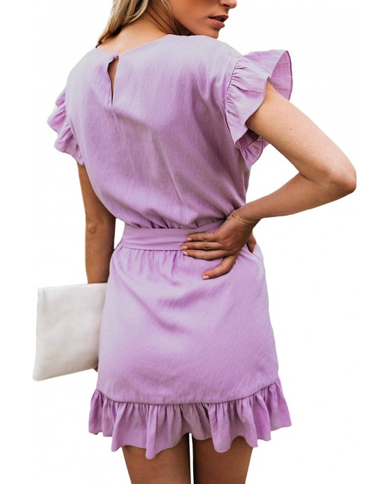 Relipop Women's Dress Solid Fishtail Short Sleeve Wrap Ruffle Hem Mini Short Dresses at Women’s Clothing store