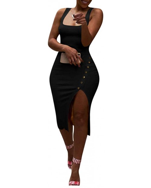 Remelon Womens Sexy Sleeveless Tank Ribbed Slim Fit Bodycon Buttons Side Split Long Pencil Midi Dress