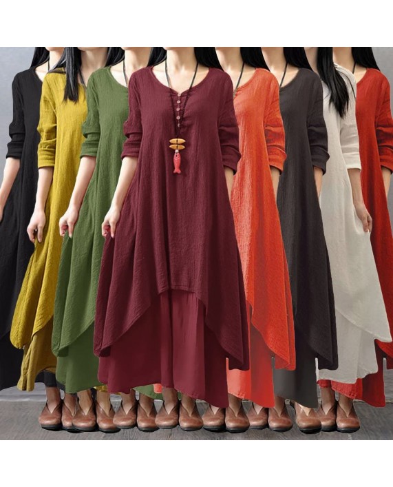 Romacci Women Boho Dress Casual Irregular Maxi Dresses Layer Vintage Loose Long Sleeve Linen Dress with Pockets at Women’s Clothing store
