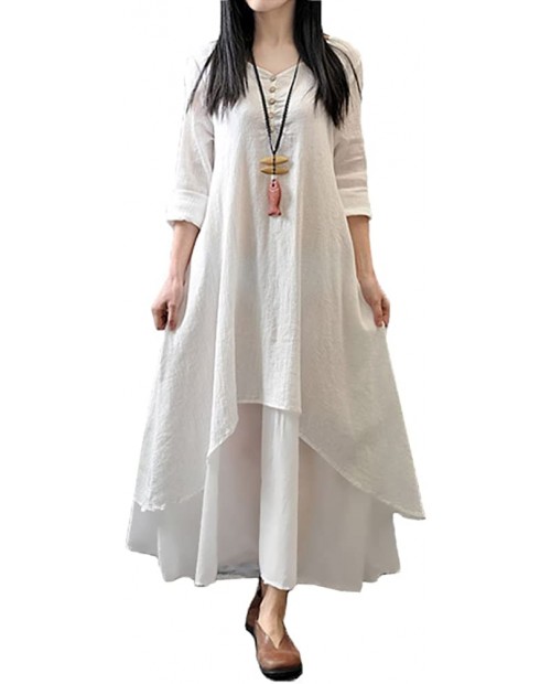 Romacci Women Boho Dress Casual Irregular Maxi Dresses Layer Vintage Loose Long Sleeve Linen Dress with Pockets at Women’s Clothing store