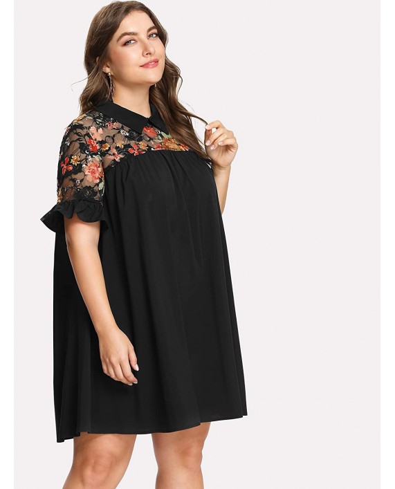 Romwe Women's Plus Size Floral Lace Short Sleeve Summer Beach Swing Tunic Dress at Women’s Clothing store