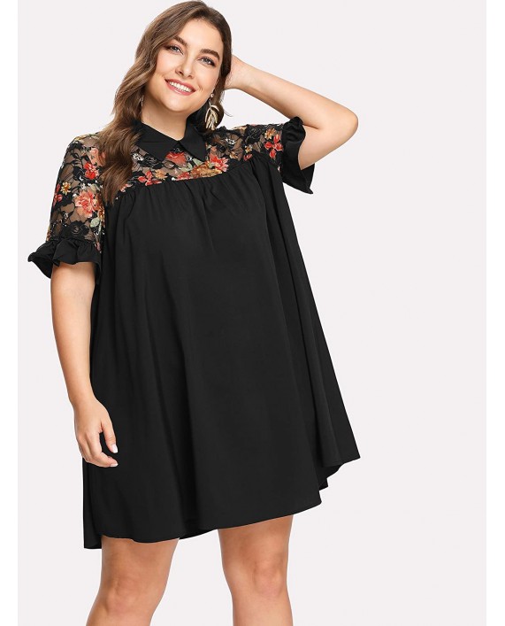 Romwe Women's Plus Size Floral Lace Short Sleeve Summer Beach Swing Tunic Dress at Women’s Clothing store