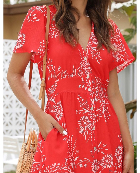 ROYLAMP Women's Floral Button Up Split Dress Deep V Short Bell Sleeve Casual Midi Dress with Pockets at Women’s Clothing store