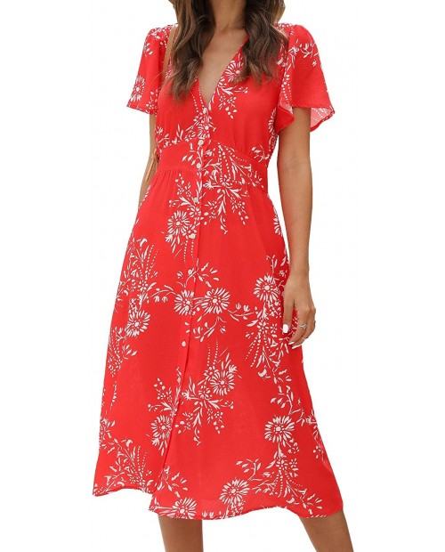 ROYLAMP Women's Floral Button Up Split Dress Deep V Short Bell Sleeve Casual Midi Dress with Pockets at Women’s Clothing store