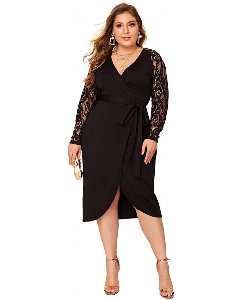 SheIn Women's Plus Elegant Contrast Lace Sleeve Self Belted Wrap Stretchy Bodycon Pencil Dress at  Women’s Clothing store
