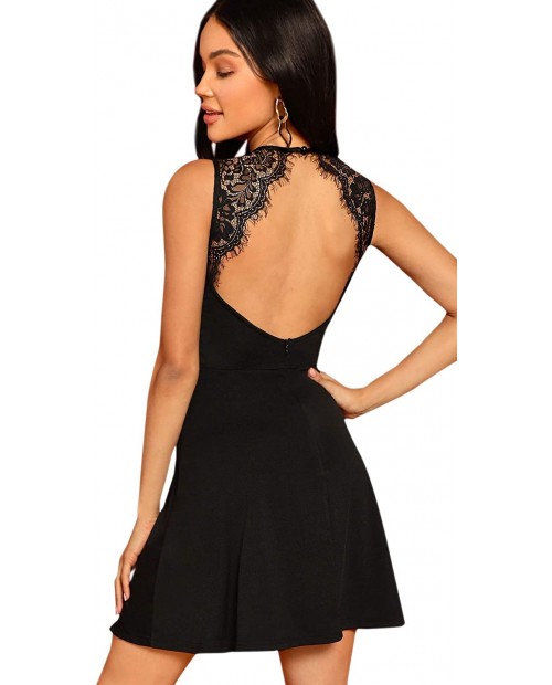 SheIn Women's Sleeveless Lace Applique Cocktail Backless Party Flare Mini Dress