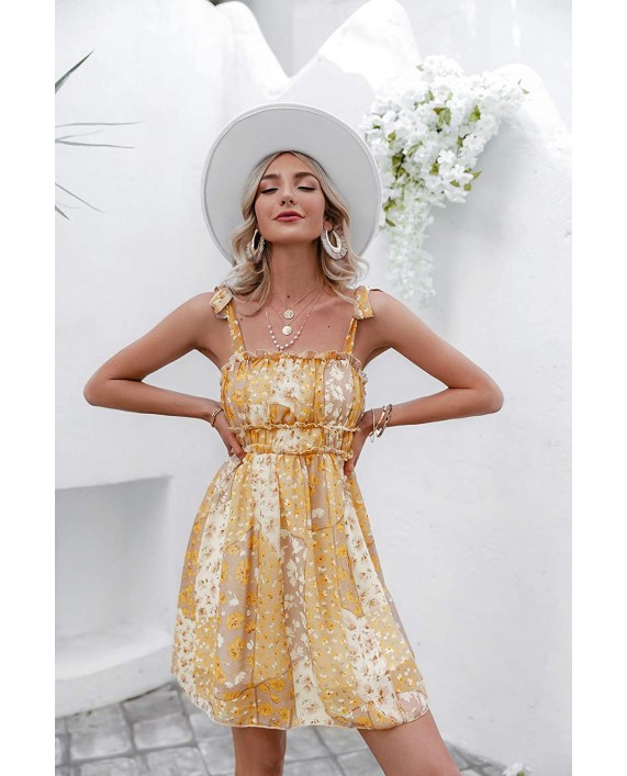 Simplee Women's Summer Floral Sleeveless High Waist Tied Spaghetti Straps Swing Mini A Line Dress