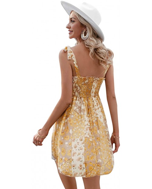 Simplee Women's Summer Floral Sleeveless High Waist Tied Spaghetti Straps Swing Mini A Line Dress