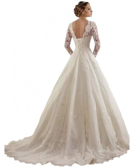 Sunweddingdress Women's Jewel Lace Applique Long Sleeve Chapel Wedding Dress at Women’s Clothing store