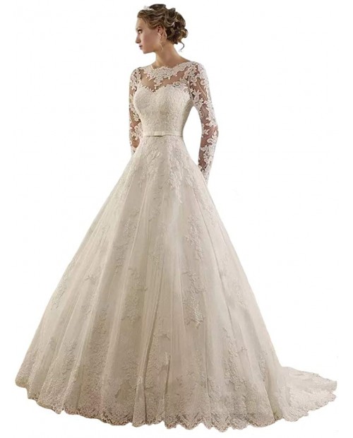 Sunweddingdress Women's Jewel Lace Applique Long Sleeve Chapel Wedding Dress at Women’s Clothing store