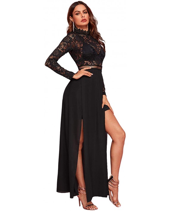 SweatyRocks Women's Sexy Sheer Lace Long Sleeve Split Maxi Cocktail Long Party Dresses at Women’s Clothing store