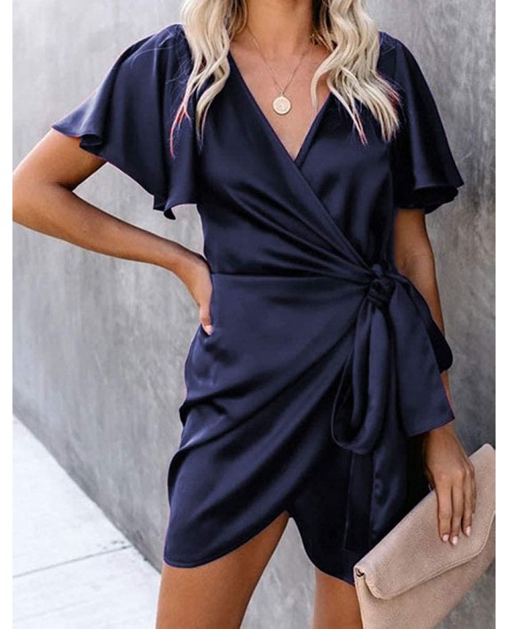 Tobrief Women's Sexy Wrap V Neck Short Flutter Sleeve Mini Satin Dress with Belt at Women’s Clothing store