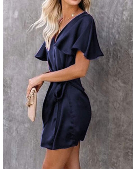 Tobrief Women's Sexy Wrap V Neck Short Flutter Sleeve Mini Satin Dress with Belt at Women’s Clothing store