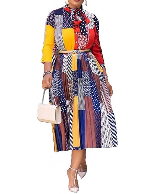 VERWIN Bow Collar Patchwork A-Line Color Block Women's Long Sleeve Dress Midi Dress at  Women’s Clothing store