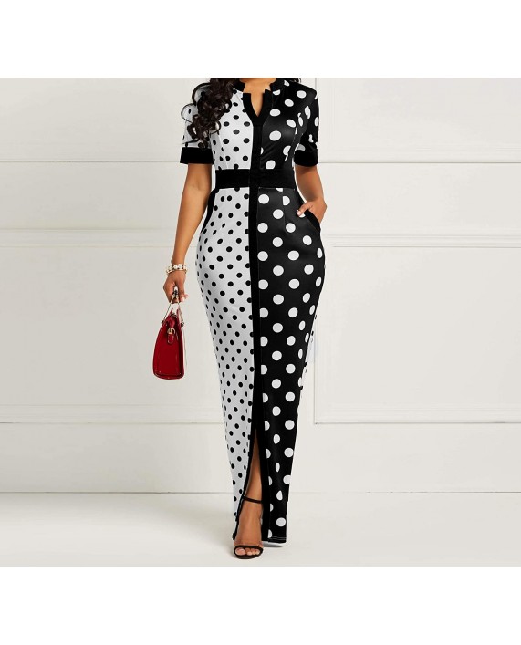 VERWIN Polka Dot Print Pocket Short Sleeve Bodycon Dress Women's Slit Maxi Dress at Women’s Clothing store