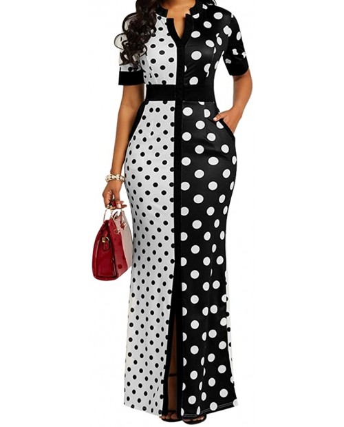 VERWIN Polka Dot Print Pocket Short Sleeve Bodycon Dress Women's Slit Maxi Dress at  Women’s Clothing store