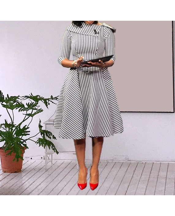 VERWIN Short Sleeve Knee-Length Pullover Plaid Women's Bodycon Dress Retro Dress at Women’s Clothing store