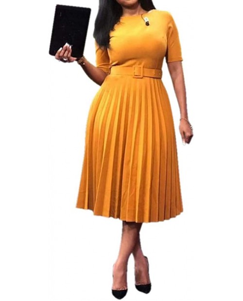 VERWIN Short Sleeve Round Neck Women's Maxi Dress Pleated Plain Belt Dress at  Women’s Clothing store