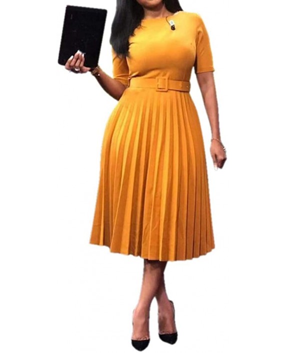 VERWIN Short Sleeve Round Neck Women's Maxi Dress Pleated Plain Belt Dress at Women’s Clothing store