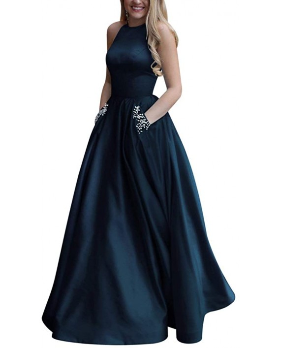 Women's Long Beaded Halter Satin Prom Dress A Line Open Back Evening Gowns with Pockets