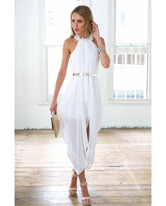 Women's Sheer Chiffon Folds Hi Low Loose Dress Delicate Gold Belt at Women’s Clothing store