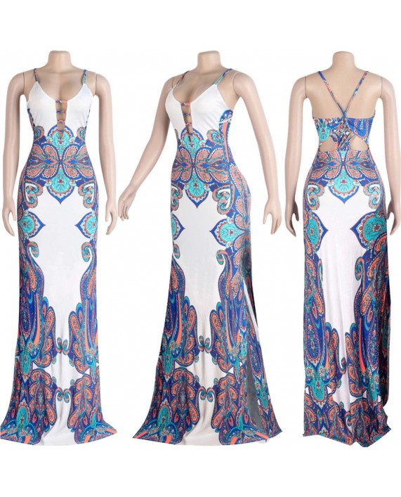 Womens Spaghetti Strap Leaf Printed Maxi Dress Bandage Bodycon Beach Holiday Long Dress at Women’s Clothing store