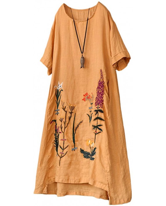 YESNO Women Casual Loose Embroidered Linen Tunic Dresses Hi-Low A-Line Sundress Beach Dress with Pockets E79 at Women’s Clothing store