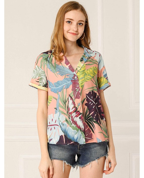 Allegra K Women's Beach Short Sleeve Button Down Hawaiian Tropical Shirt Top at Women’s Clothing store