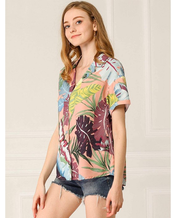 Allegra K Women's Beach Short Sleeve Button Down Hawaiian Tropical Shirt Top at Women’s Clothing store