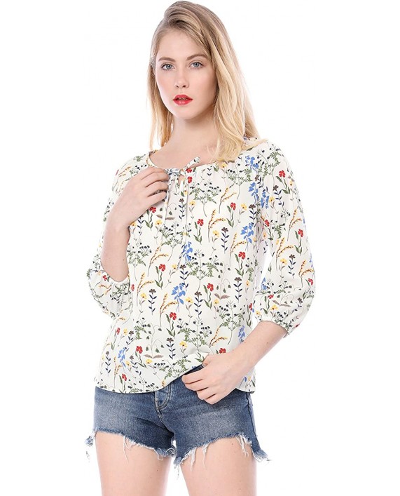 Allegra K Women's Bow Tie Neck 3 4 Raglan Sleeve Floral Blouse Tops at Women’s Clothing store