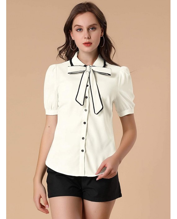 Allegra K Women's Contrast Peter Pan Collar Shirt Puff Sleeve Short Sleeve Work Tops Tie Neck Blouse at Women’s Clothing store