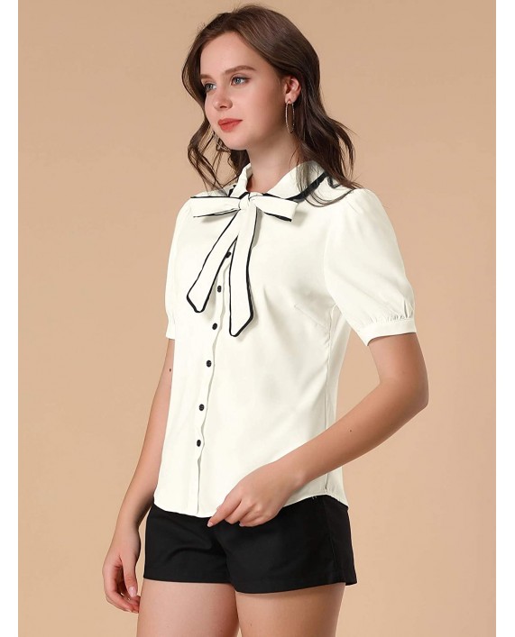 Allegra K Women's Contrast Peter Pan Collar Shirt Puff Sleeve Short Sleeve Work Tops Tie Neck Blouse at Women’s Clothing store