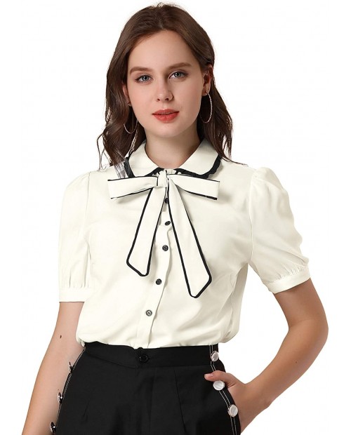 Allegra K Women's Contrast Peter Pan Collar Shirt Puff Sleeve Short Sleeve Work Tops Tie Neck Blouse at  Women’s Clothing store