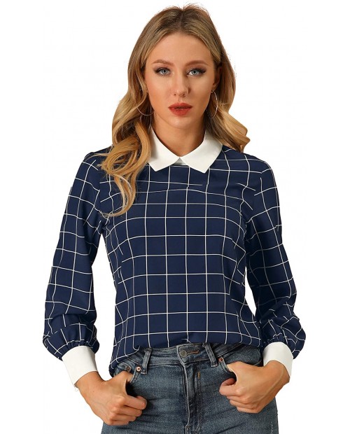 Allegra K Women's Contrast Turndown Collar Button Back Check Plaid Work Shirt at Women’s Clothing store