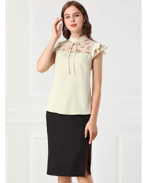 Allegra K Women's Elegant Work Tie Ruffle Stand Collar Top Contrast Lace Panel Short Sleeve Blouse at Women’s Clothing store