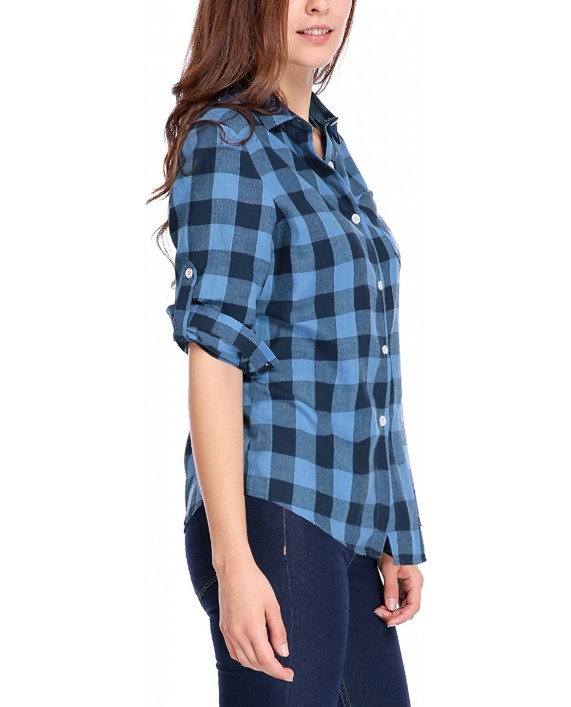 Allegra K Women's Gingham Boyfriend Roll Up Sleeves Buttoned Down Plaids Shirt at Women’s Clothing store