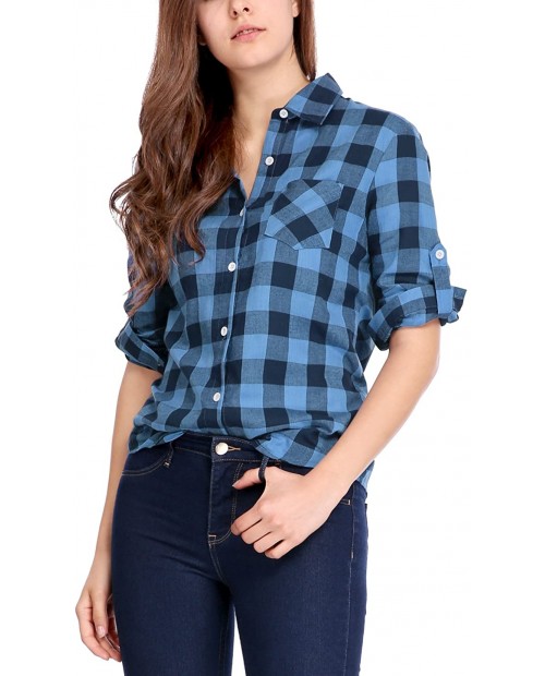 Allegra K Women's Gingham Boyfriend Roll Up Sleeves Buttoned Down Plaids Shirt at  Women’s Clothing store