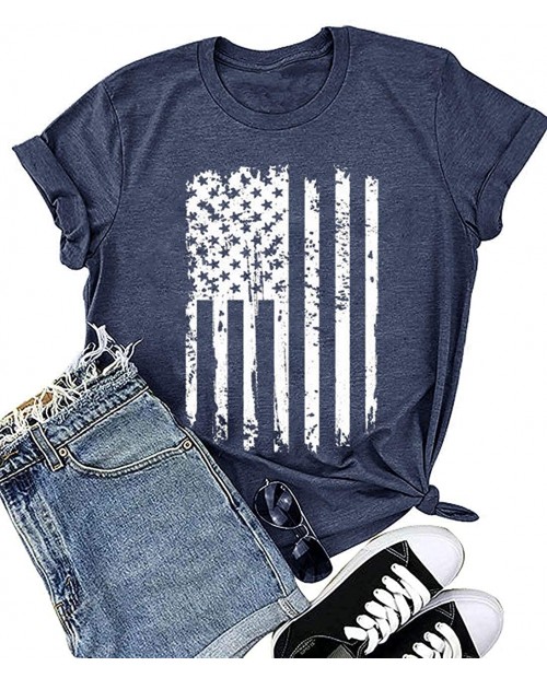 American Flag Shirt Women 4th of July Gift Patriotic Shirt Stars and Stripes Flag Print Tees Tops T-Shirt Blouse at Women’s Clothing store