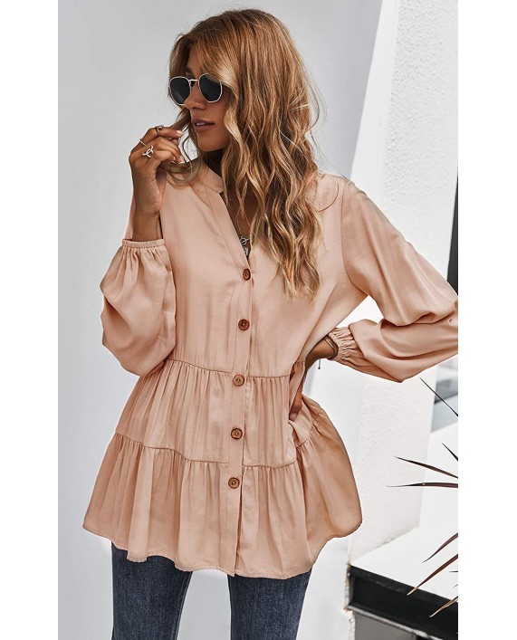Angashion Women Tunic Tops Casual Solid Long Sleeve Ruffle V Neck Button Down Loose Babydoll Shirt Blouse at Women’s Clothing store