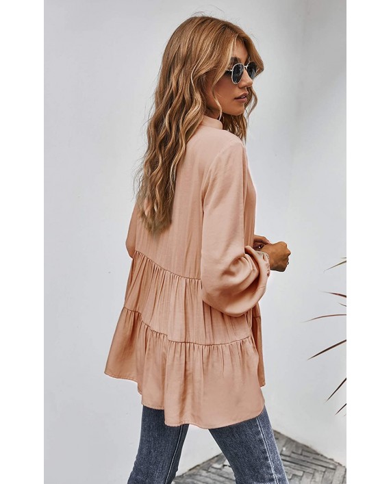 Angashion Women Tunic Tops Casual Solid Long Sleeve Ruffle V Neck Button Down Loose Babydoll Shirt Blouse at Women’s Clothing store