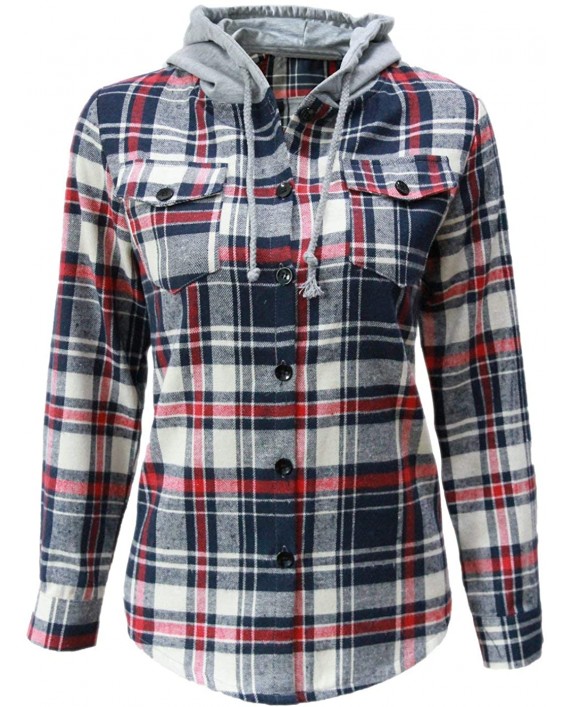 AsherFashion Women Classic Long Sleeves Cotton Hoodie Button-up Plaid Shirts at Women’s Clothing store