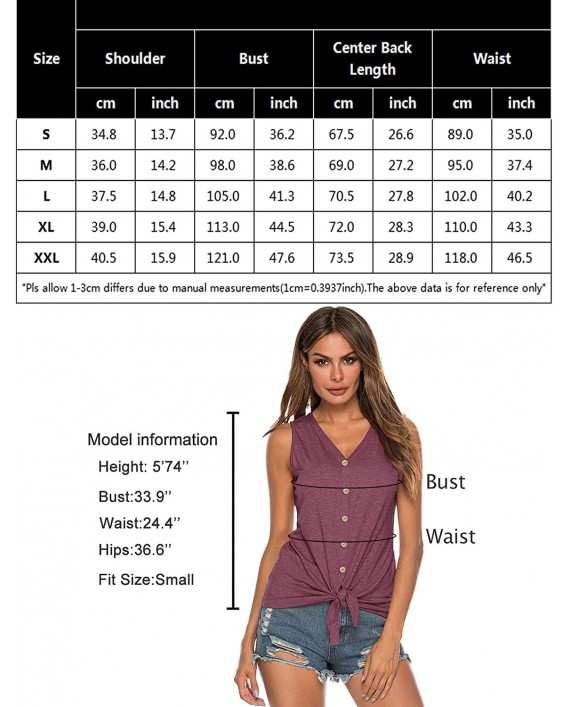 Bloggerlove Women's Button Up Tank Tops Tie Front Knot V Neck T-Shirts Casual Loose Sleeveless Blouses at Women’s Clothing store