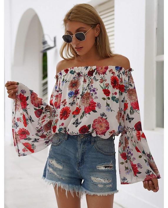 BMJL Women's Long Sleeve Hawaiian Shirts Cute Off The Shoulder Tops Loose Floral Blouse TeesM Multi at Women’s Clothing store
